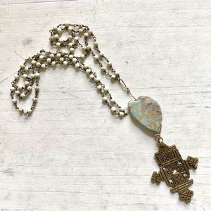 Long beaded Ethiopian cross chalcedony necklace